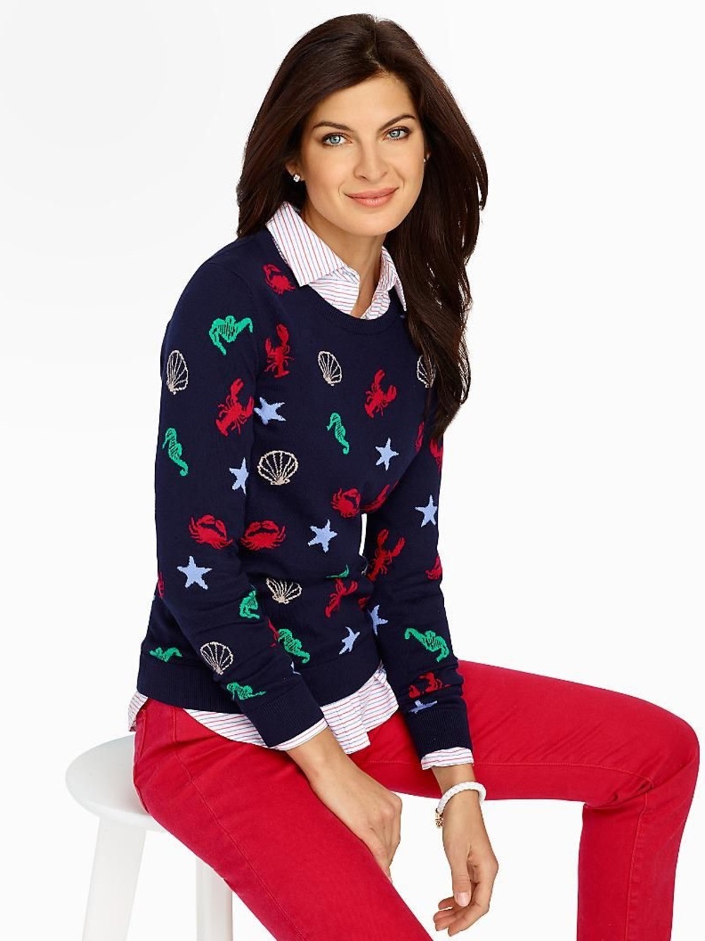 Talbots By the Sea Navy Nautical Motif Crewneck Sweater country club lobster